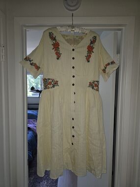 Embroidered Yellow Button-Front Midi Dress